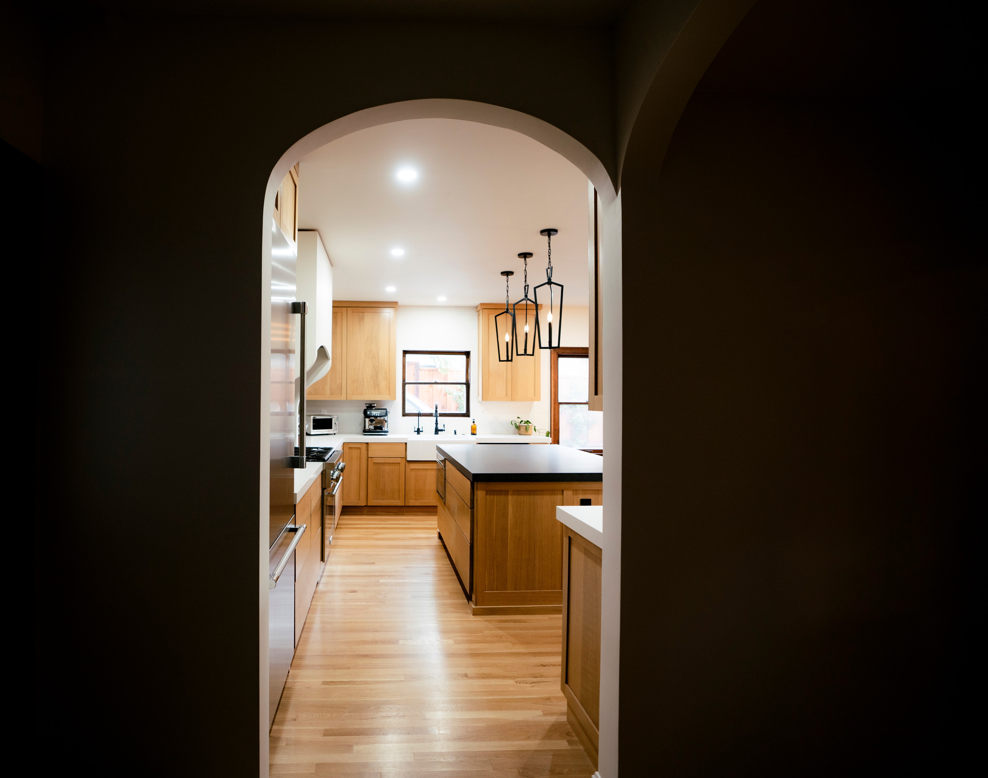 Kitchen viewed through archway